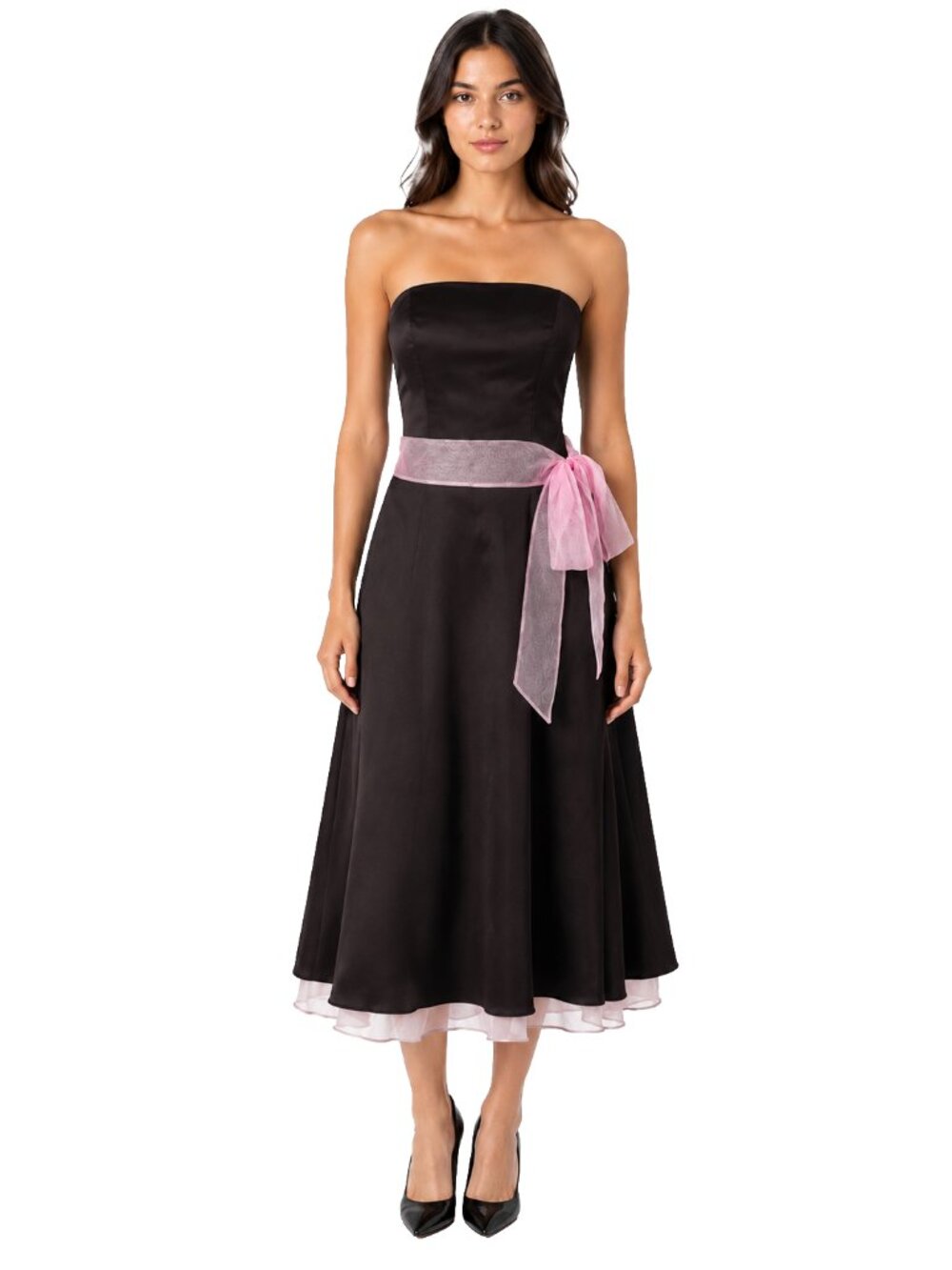 Vintage Alfred Angelo Brown Strapless Midi Dress w/ Pink Sash – Size 6